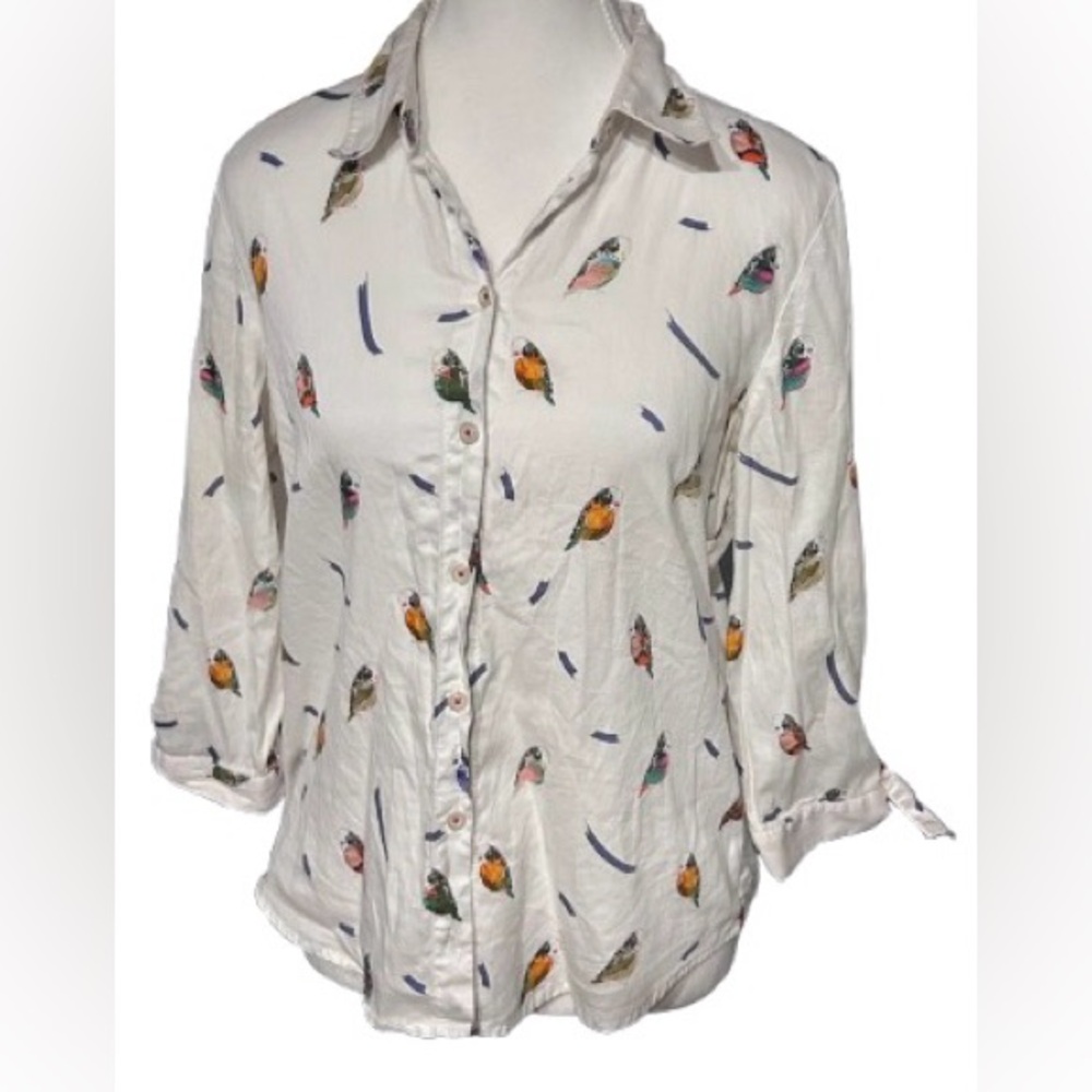 100% Cotton Bird Shirt Button Down MEDELINE Boho Animal Nature Cottage Small Med